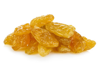 Yellow sultanas raisins close-up isolated on a white background.