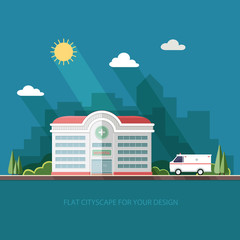 City landscape. Hospital on the background of the city. Clinic b