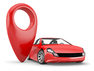 red pointer and red car on white background
