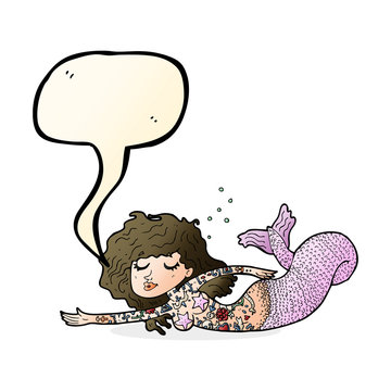 cartoon mermaid with tattoos with speech bubble