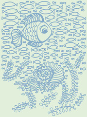Cute cartoon hand drawn fish illustration with fishes background