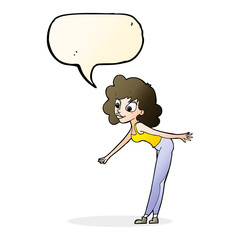 cartoon woman reaching to pick something up with speech bubble