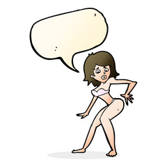 cartoon woman in bikini with speech bubble
