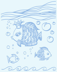 Obraz premium Gold fish with a crown in the sea environment.