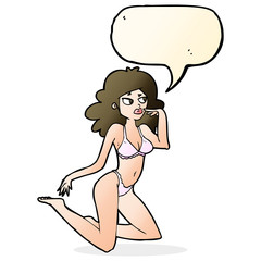 cartoon woman in underwear looking thoughtful with speech bubble