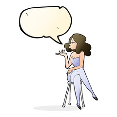 cartoon woman sitting on bar stool with speech bubble