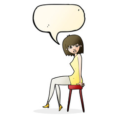 cartoon woman sitting on stool with speech bubble
