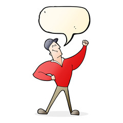 cartoon man striking heroic pose with speech bubble