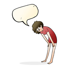 cartoon woman looking at her feet with speech bubble