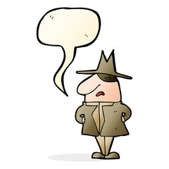 cartoon man in coat and hat with speech bubble