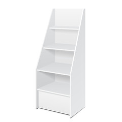 White POS POI Cardboard Floor Display Rack For Supermarket Blank Empty Displays With Shelves Products On White Background Isolated. Ready For Your Design. Product Packing. Vector EPS10