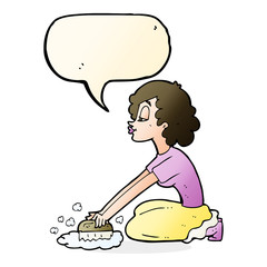 Fototapeta premium cartoon woman scrubbing floor with speech bubble