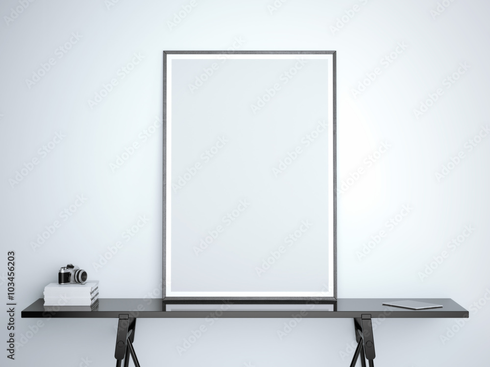 Poster white blank frame on black table . 3d rendering