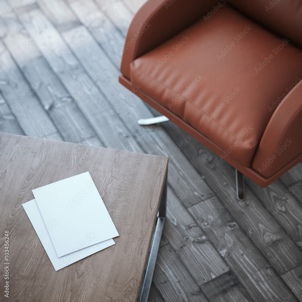 Poster wooden table with two paper sheets.3d rendering