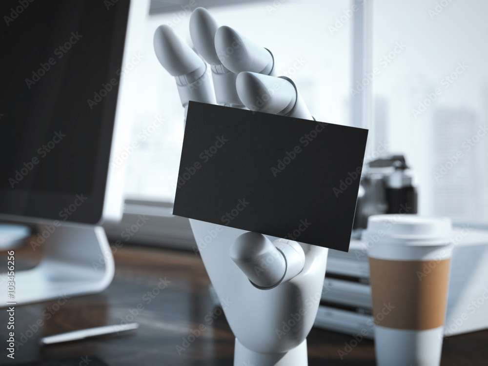 Poster robot hand with blank business card. 3d rendering