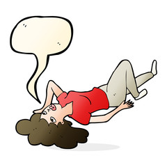 cartoon woman lying on floor with speech bubble