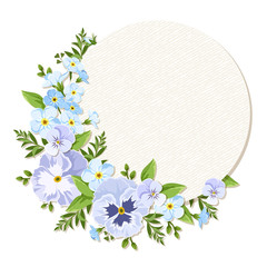 Vector circle card with blue and purple pansies and forget-me-not flowers.