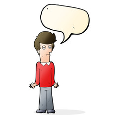cartoon bored man shrugging shoulders with speech bubble