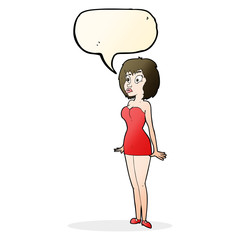 cartoon surprised woman in short dress with speech bubble