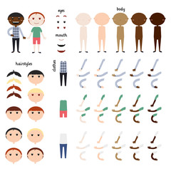 Boy. Parts of body template for design work. Face and body elements. Different human skin colors. Different hairstyles and hair colors. Different clothing options. Vector illustration. Set