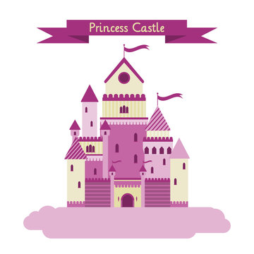 Vector pink princess castle. Magic fantasy castle. Vector flat illustrations.