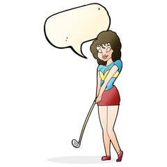 cartoon woman playing golf with speech bubble