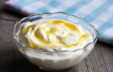 Bowl of greek yogurt with honey