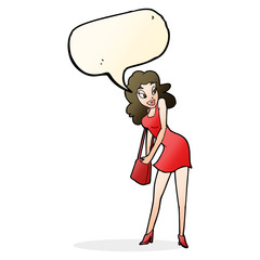 cartoon woman looking in handbag with speech bubble