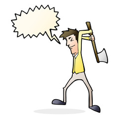 cartoon man swinging axe with speech bubble