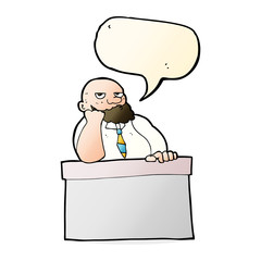 cartoon bored man at desk with speech bubble