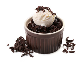 Chocolate lava cake with ice-cream, isolate on white
