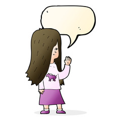 cartoon girl with pony shirt waving with speech bubble