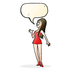 cartoon woman in pink dress with speech bubble