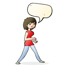 cartoon woman walking with speech bubble