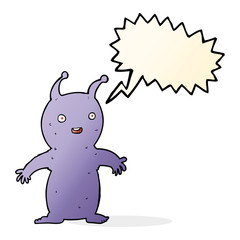 cartoon happy little alien with speech bubble