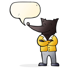 cartoon wolf in shirt with speech bubble