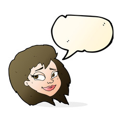 cartoon happy female face with speech bubble