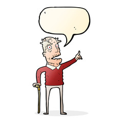 cartoon old man with walking stick with speech bubble