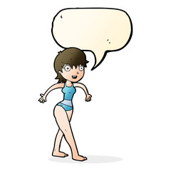 cartoon happy woman in swimming costume with speech bubble