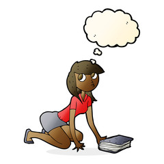 cartoon girl picking up book with thought bubble