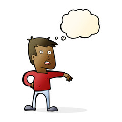cartoon man making camp gesture with thought bubble