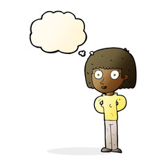 cartoon staring woman with thought bubble