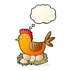 cartoon hen on eggs with thought bubble