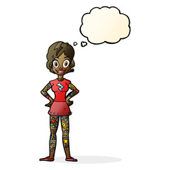 Obraz premium cartoon woman with heavy tattoos with thought bubble