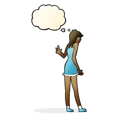 cartoon woman waving with thought bubble