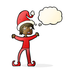 cartoon excited christmas elf with thought bubble