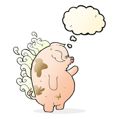 cartoon fat smelly pig with thought bubble