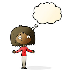 cartoon woman shrugging shoulders with thought bubble