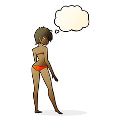 cartoon woman in bikini with thought bubble