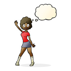 cartoon woman dancing with thought bubble